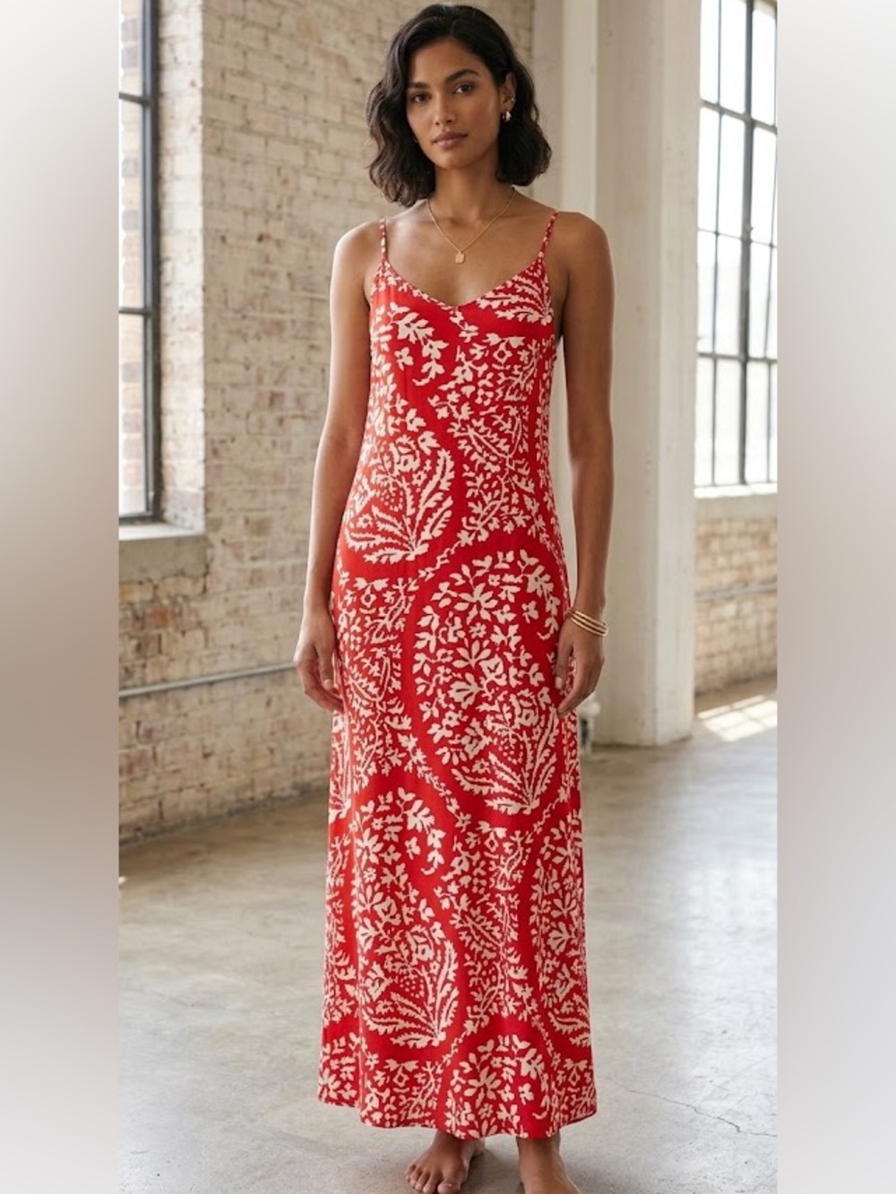Gap Red White Coral Paisley Print Maxi Dress Womens Sleeveless V-Neck Summer